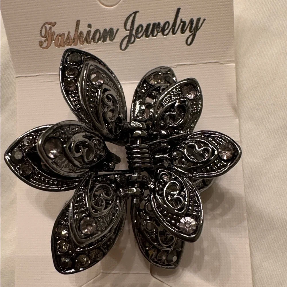 NEW! JAW CLAW HAIR CLIP RHINESTONES 1 1/2” STRONG ALLOY Gunmetal UPDO ACCESSORY